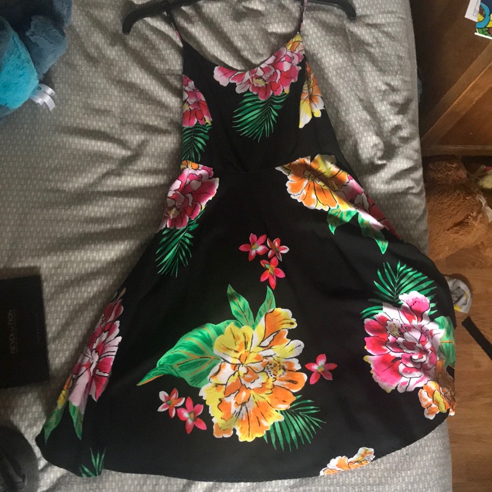 Black floral summer dress with A-line skirt